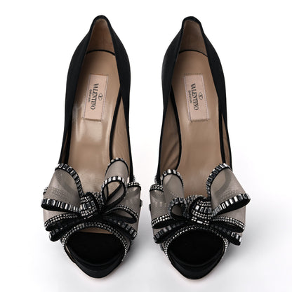 Valentino Garavani Satin Crystal Versailles Bow Peep Toe Platform High Heel Pumps 38 Black 8 of 15