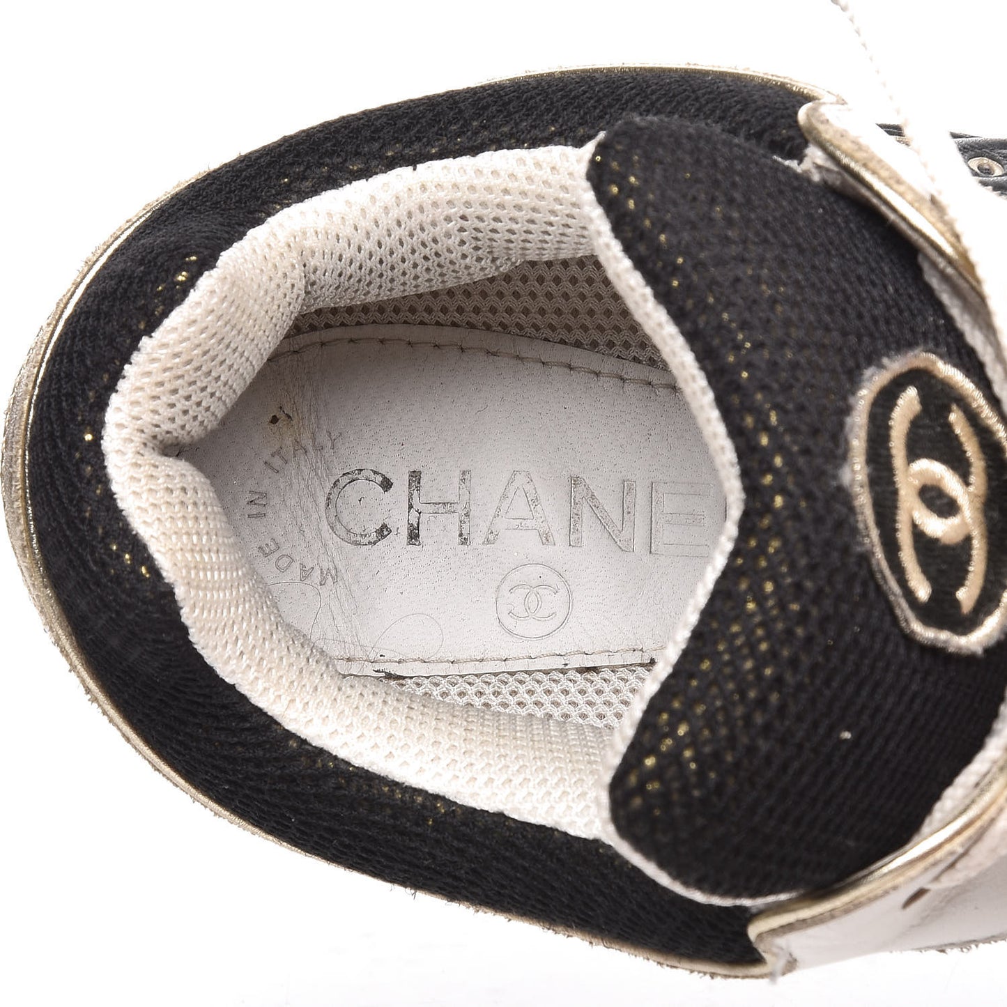 Suede Calfskin Womens CC Sneakers 37.5 Black White Gold