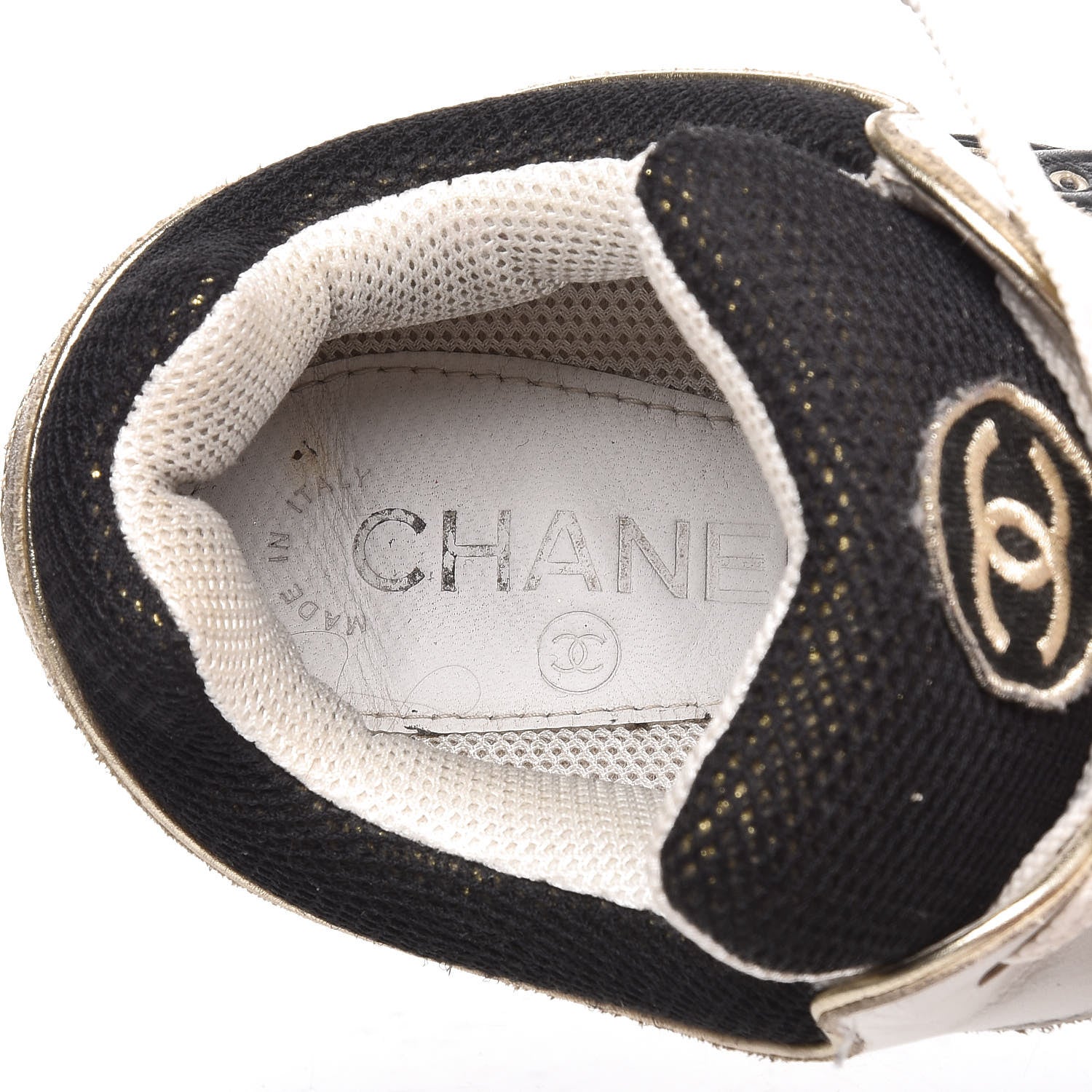 Chanel Suede Calfskin Womens CC Sneakers 37.5 Black White Gold 6 of 7