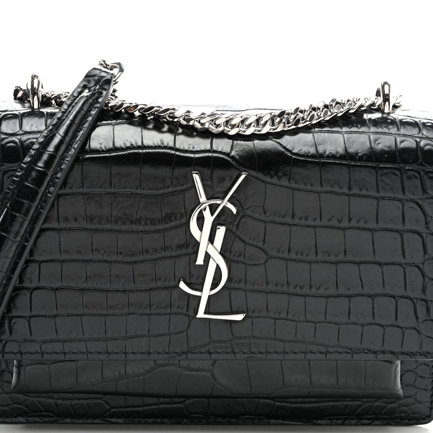 Calfskin Crocodile Embossed Monogram Sunset Chain Wallet Black