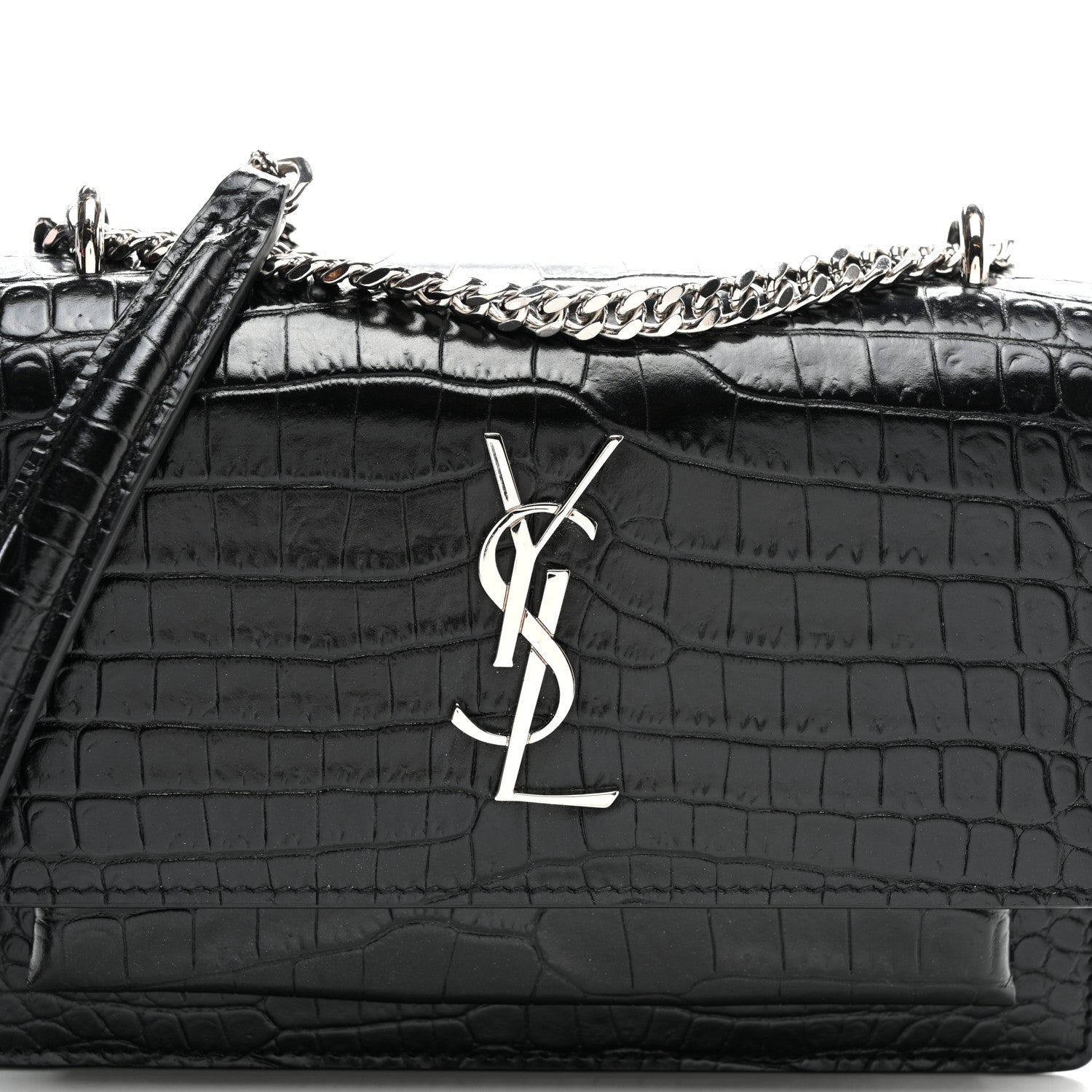 Saint Laurent Calfskin Crocodile Embossed Monogram Sunset Chain Wallet Black 6 of 9