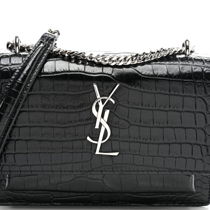 Saint Laurent Calfskin Crocodile Embossed Monogram Sunset Chain Wallet Black 6 of 9
