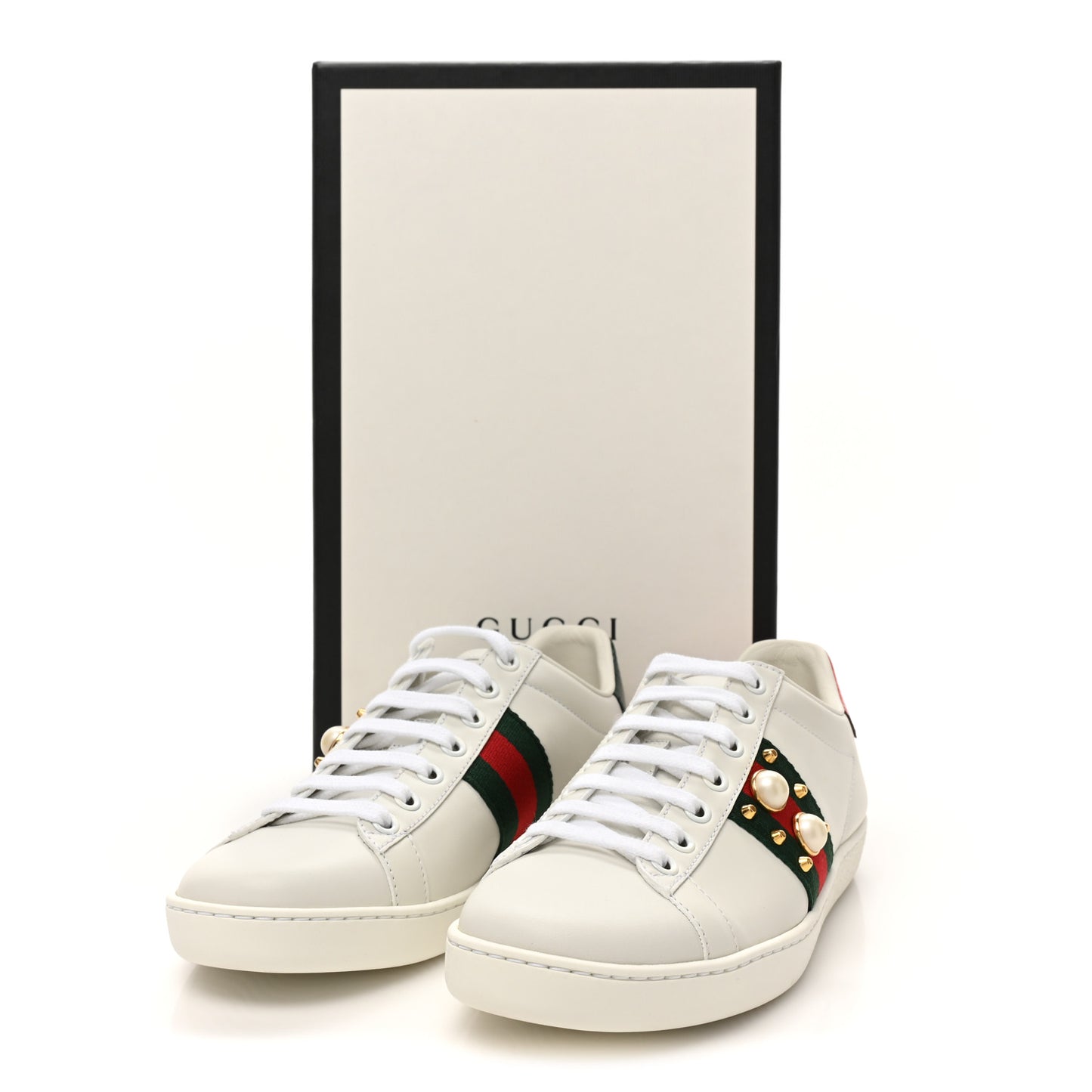Calfskin Web Pearl Studded Womens Ace Sneakers 36 White