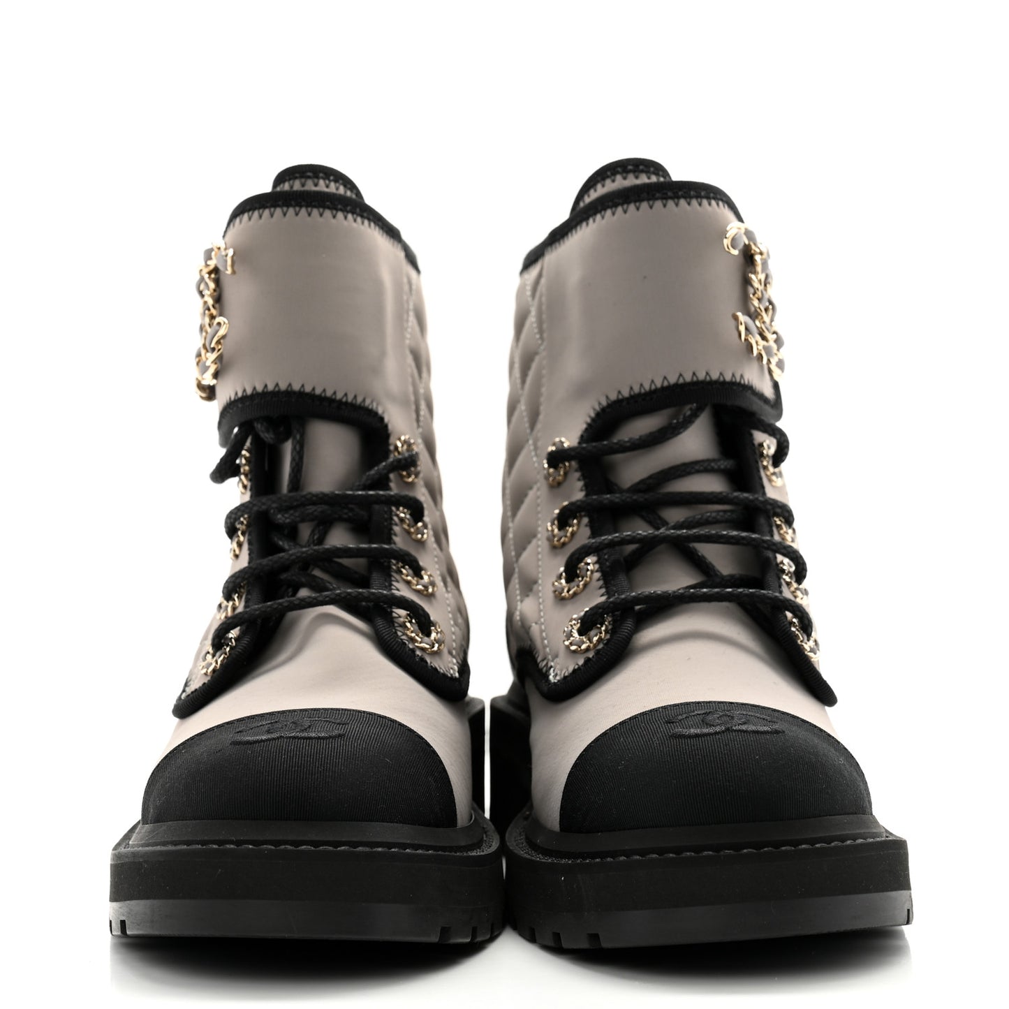 Fabric Grosgrain Quilted Cap Toe Lace Up Combat Boots 37 Gray Black