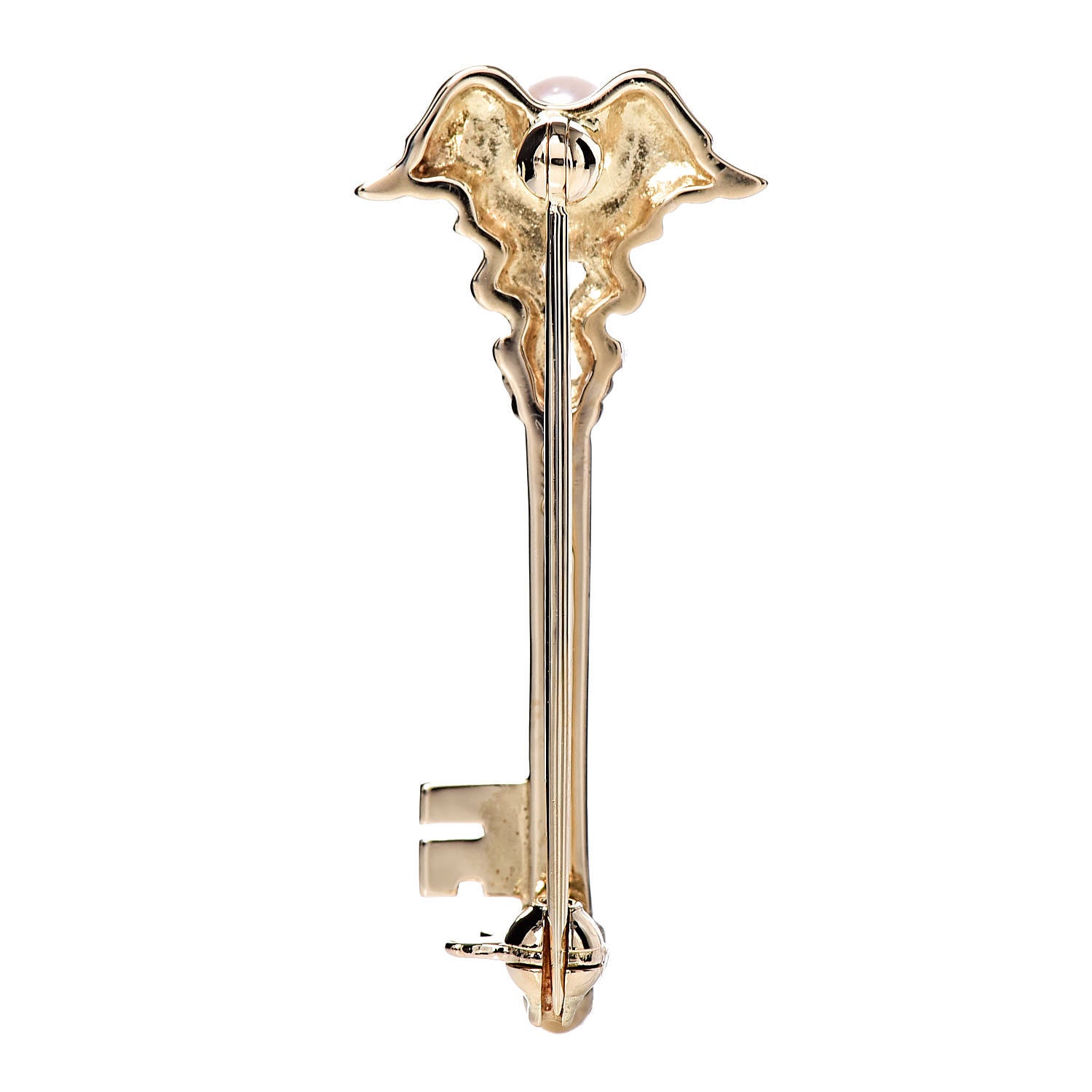 Mikimoto 18K Yellow Gold Pearl 4.5mm Winged Key Brooch 4 of 4