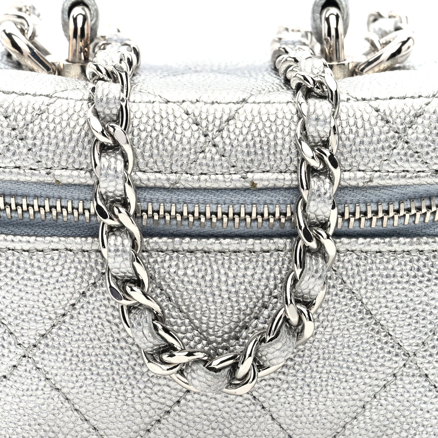 Metallic Caviar Quilted Mini Top Handle Vanity With Chain Silver