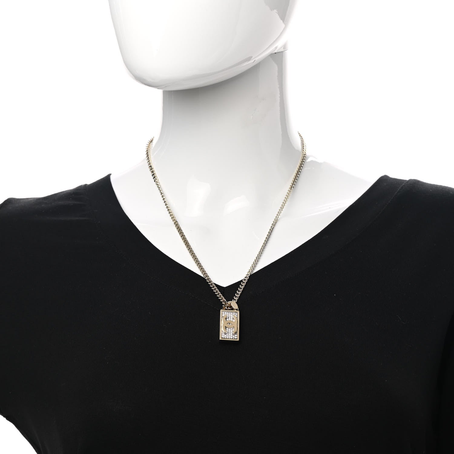 Chanel Crystal Dog Tag Charm Necklace Gold 2 of 6