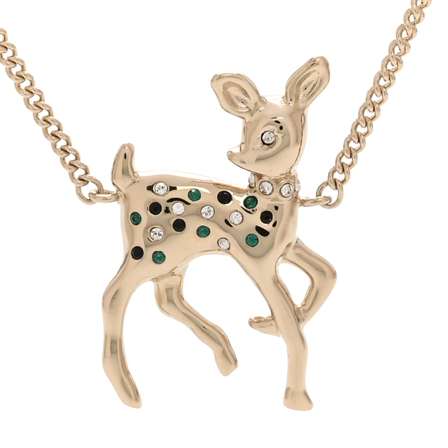 Chanel Metal Crystal Pearl Deer Pendant Necklace Green Black Gold 4 of 6