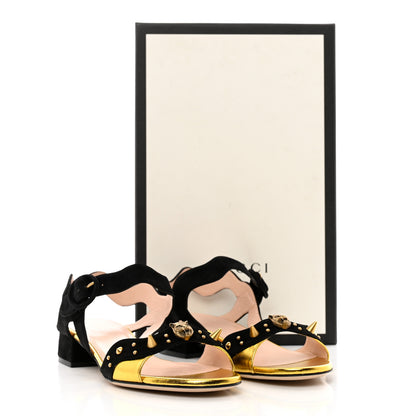 Gucci Velvet Metallic Nappa Spiked Feline Sandals 38 Black Gold 8 of 8