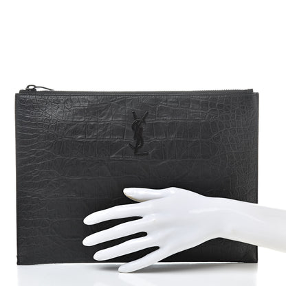 Saint Laurent Calfskin Crocodile Embossed Monogram iPad Case Black 2 of 7