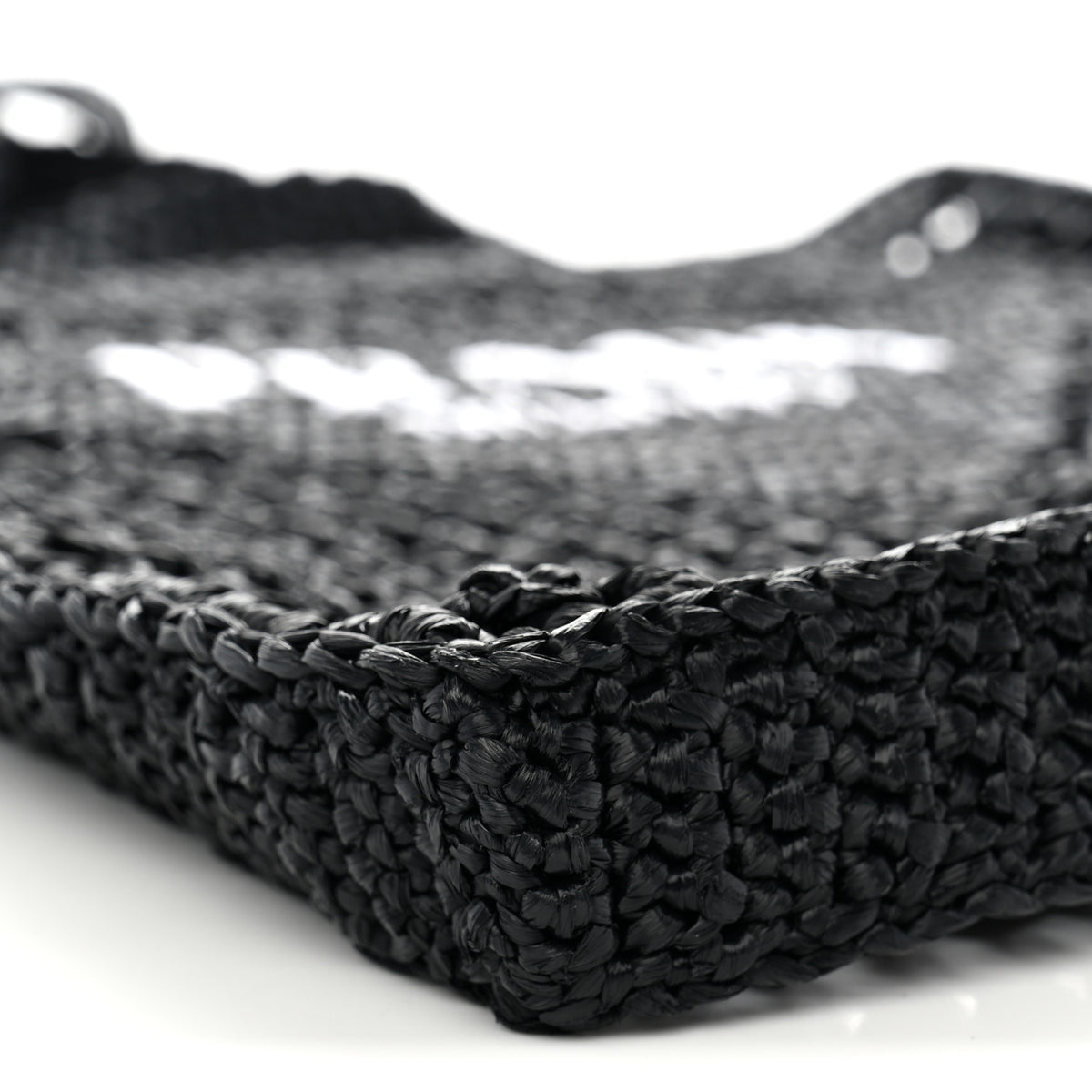 Yarn Raffia Effect Crochet Logo Embroidered Tote Bag Black
