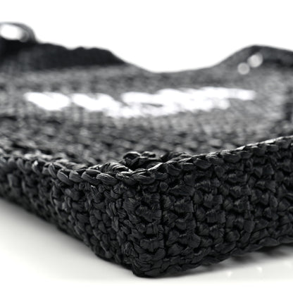 Prada Yarn Raffia Effect Crochet Logo Embroidered Tote Bag Black 8 of 9