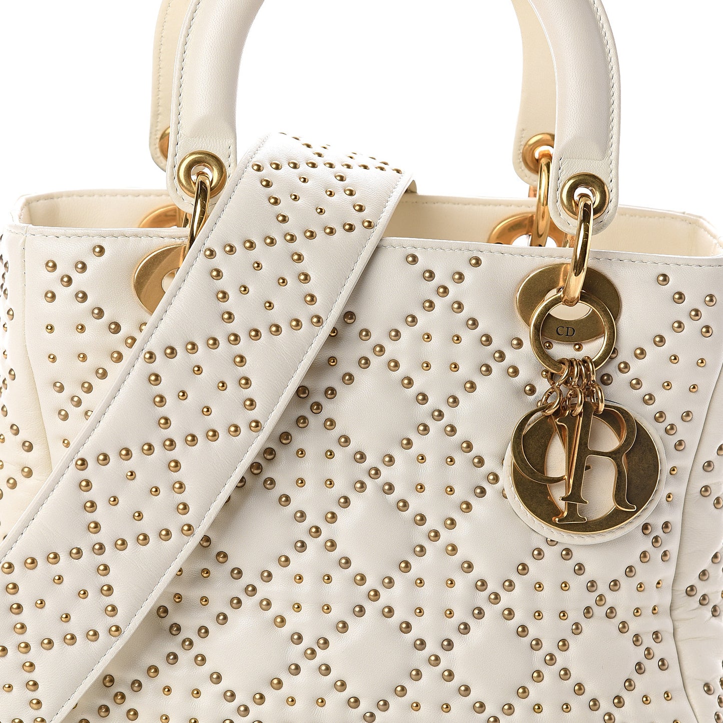 Calfskin Cannage Studded Medium Supple Lady Dior White