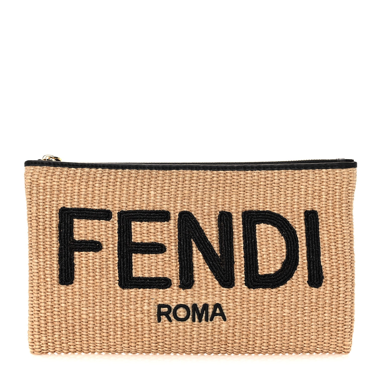 Fendi Straw Vitello King Logo Woven Large Flat Pouch Paglia Black 1 of 9