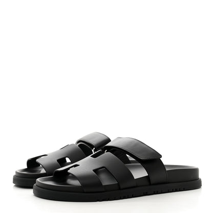 Hermes Calfskin Womens Chypre Sandals 37.5 Black 3 of 9