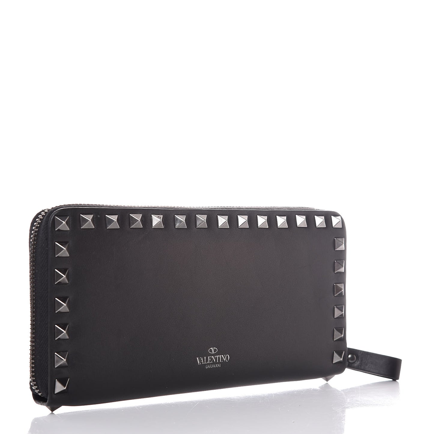 Calfskin Tonal Rockstud Zip Around Wallet Black