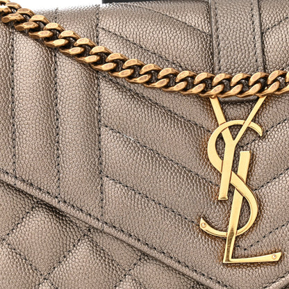 Saint Laurent Metallic Grain De Poudre Mixed Matelasse Triquilt Monogram Chain Wallet Piombo 10 of 14