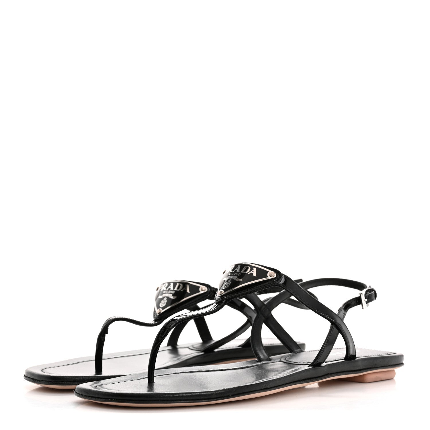 Prada Vernice Metal Triangle Logo Slingback Flat Thong Sandals 39 Black 4 of 10