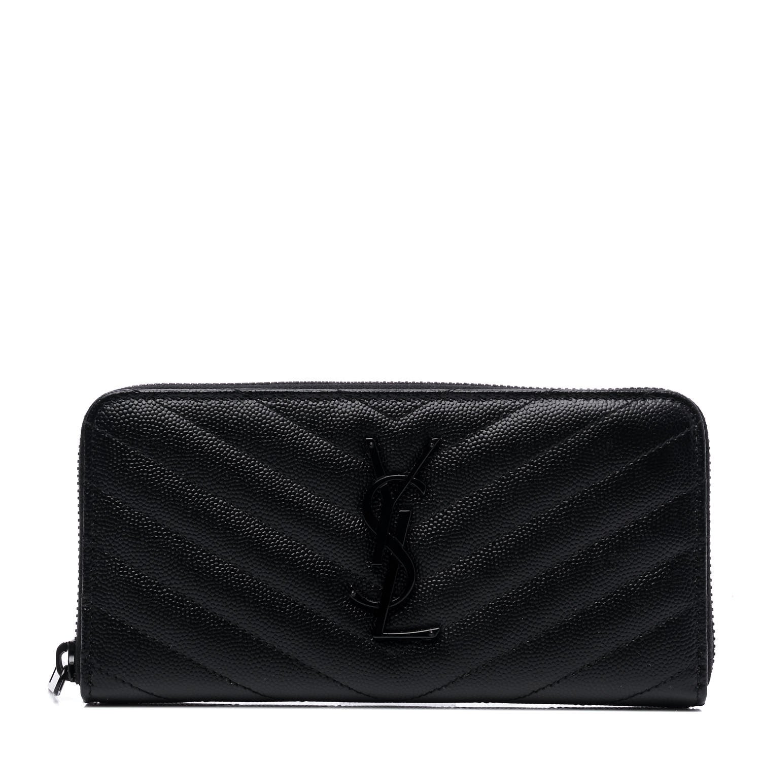 Saint Laurent Grain De Poudre Matelasse Chevron Monogram Monochrome Zip Around Wallet Black 1 of 4