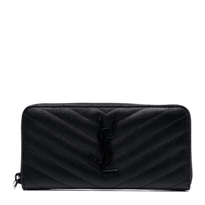 Saint Laurent Grain De Poudre Matelasse Chevron Monogram Monochrome Zip Around Wallet Black 1 of 4