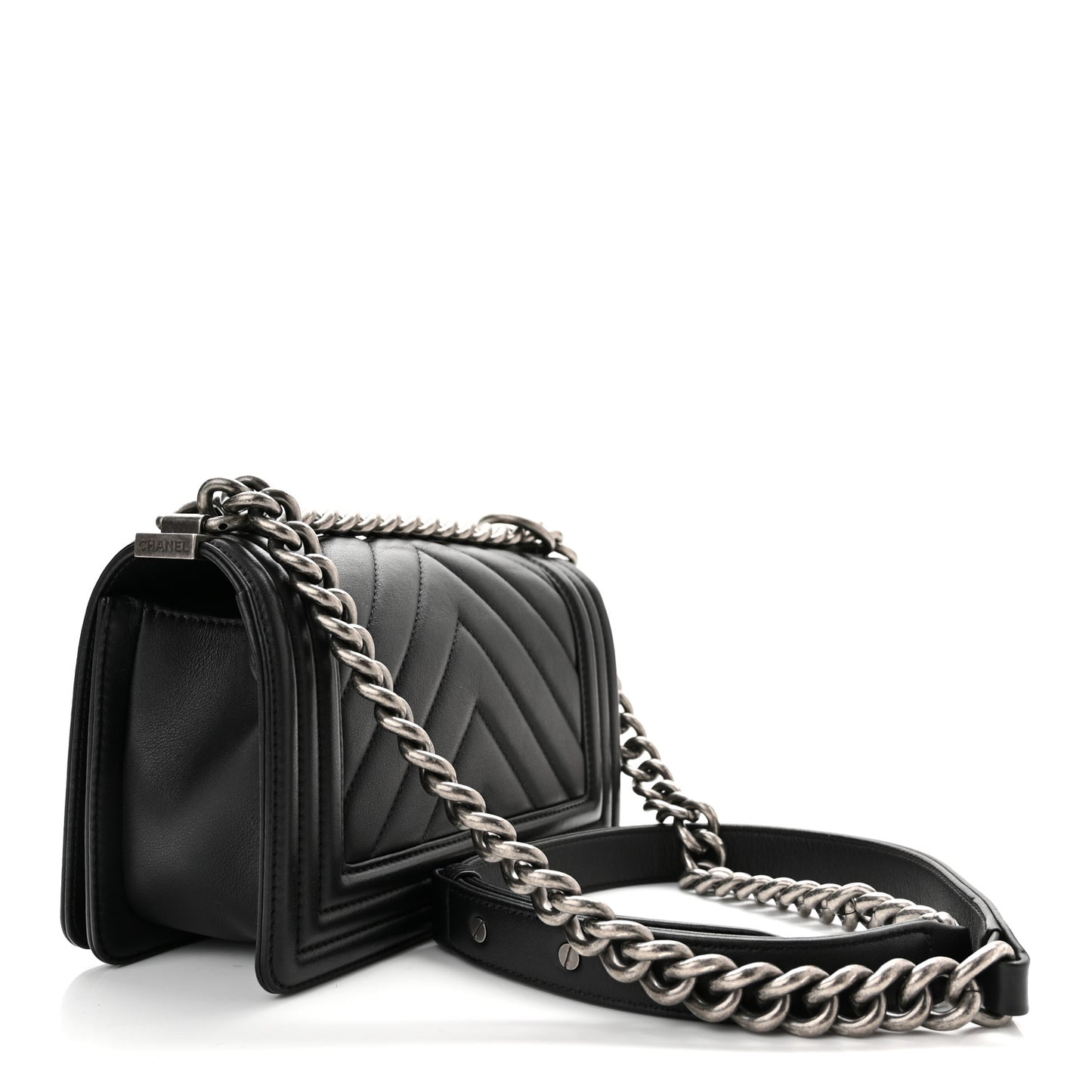 Calfskin Chevron Quilted Small Boy Flap Black