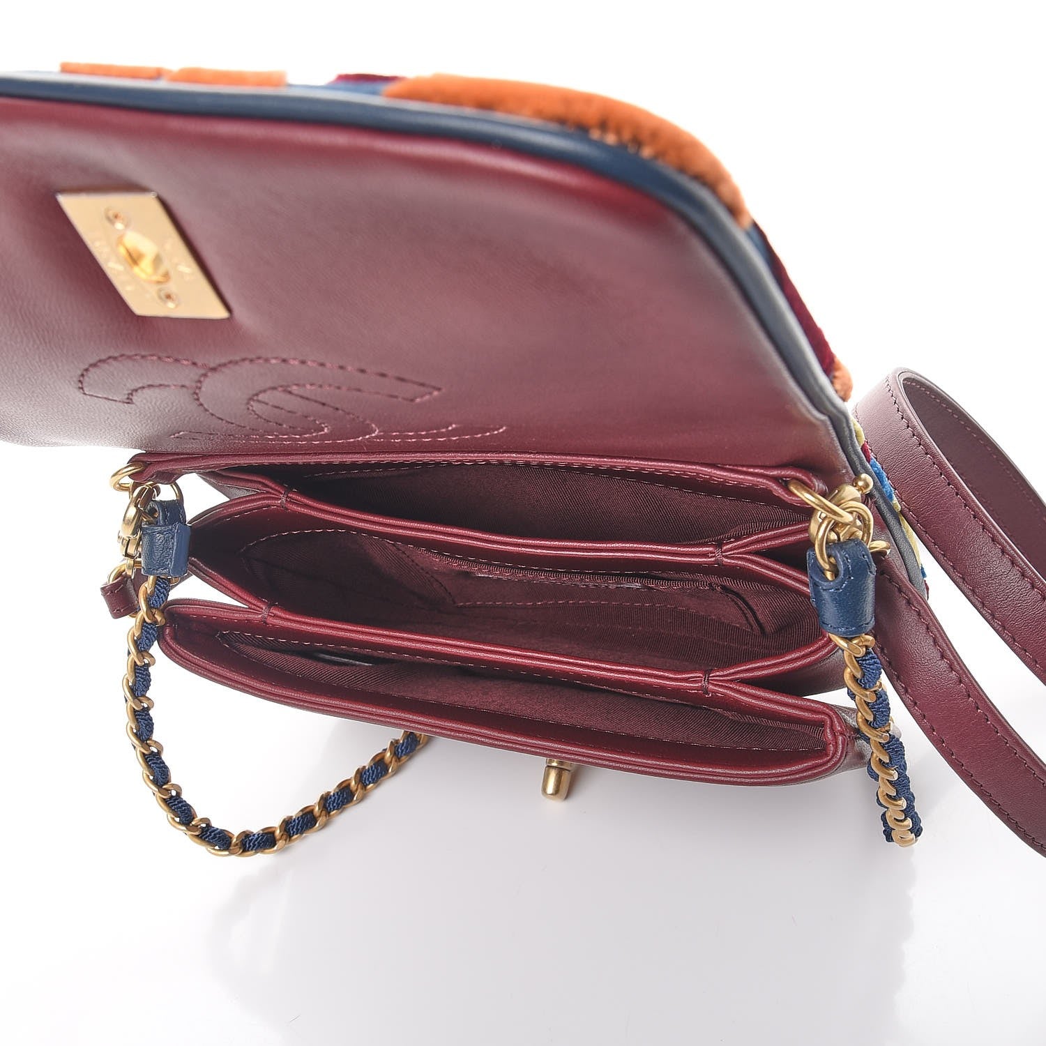 Chanel Velvet Lambskin Embroidered Camellia Mini Flap Navy Burgundy 6 of 8