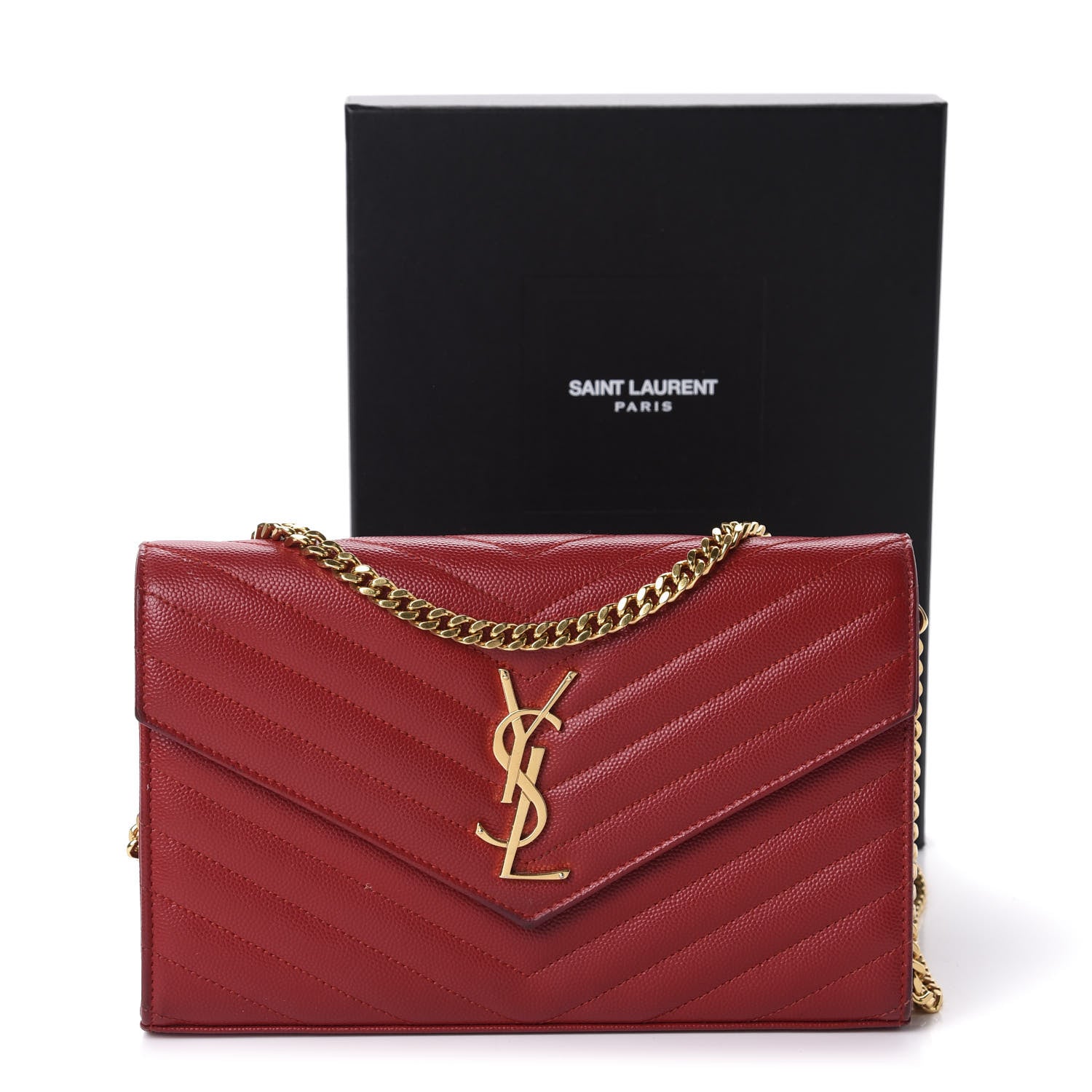 Saint Laurent Grain De Poudre Matelasse Chevron Monogram Chain Wallet Red 14 of 14