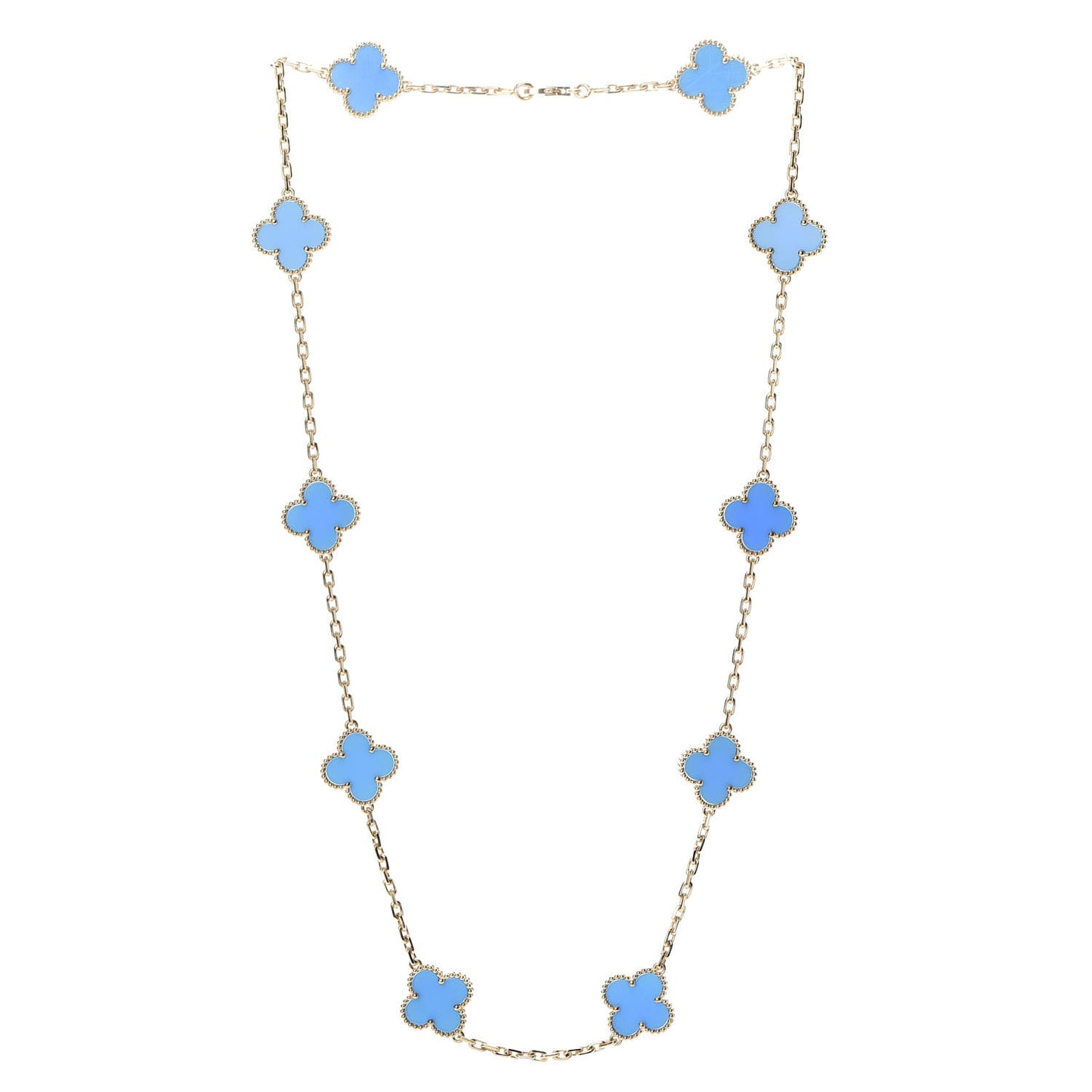 18K Yellow Gold Blue Agate 10 Motifs Vintage Alhambra Necklace