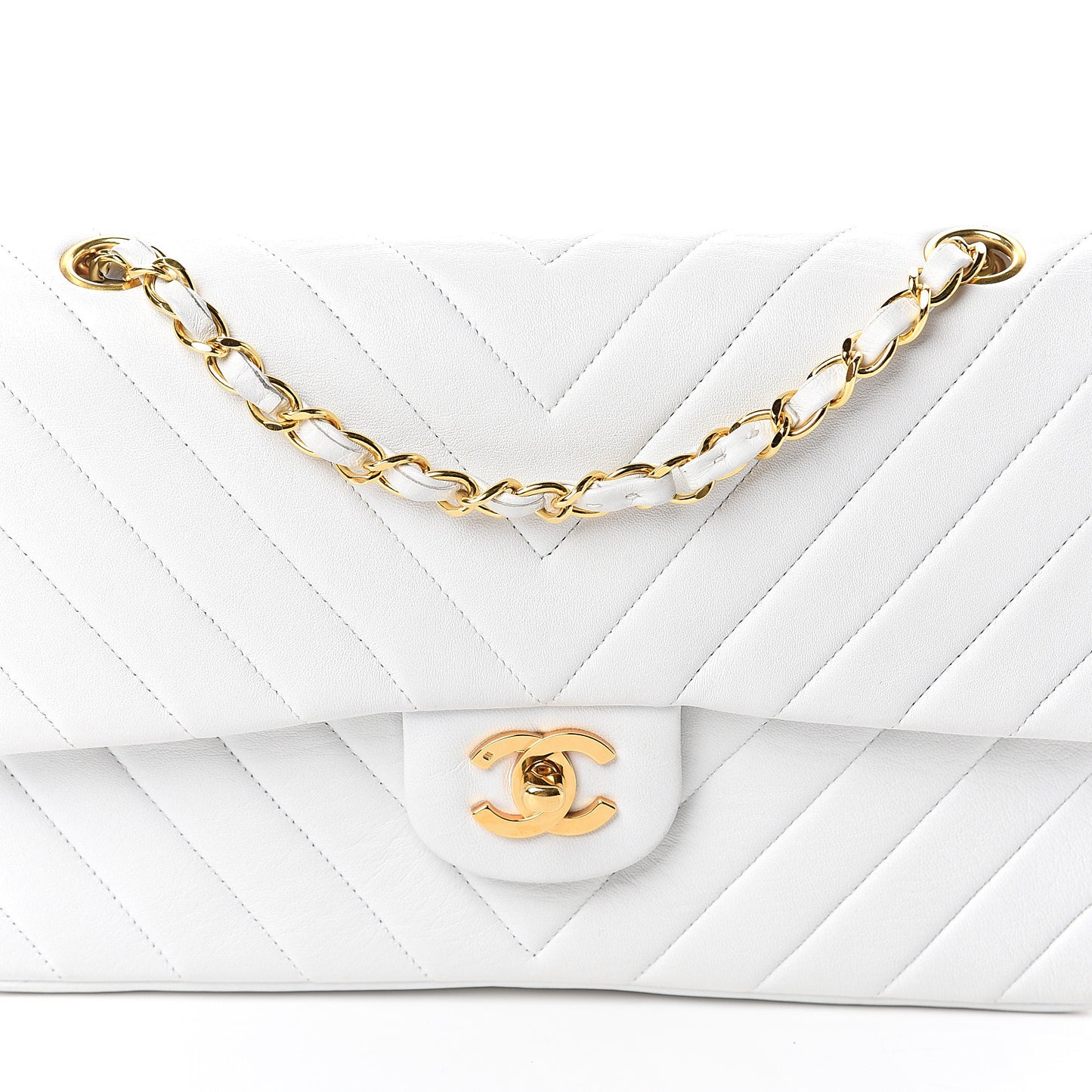 Calfskin Chevron Quilted Medium Double Flap White