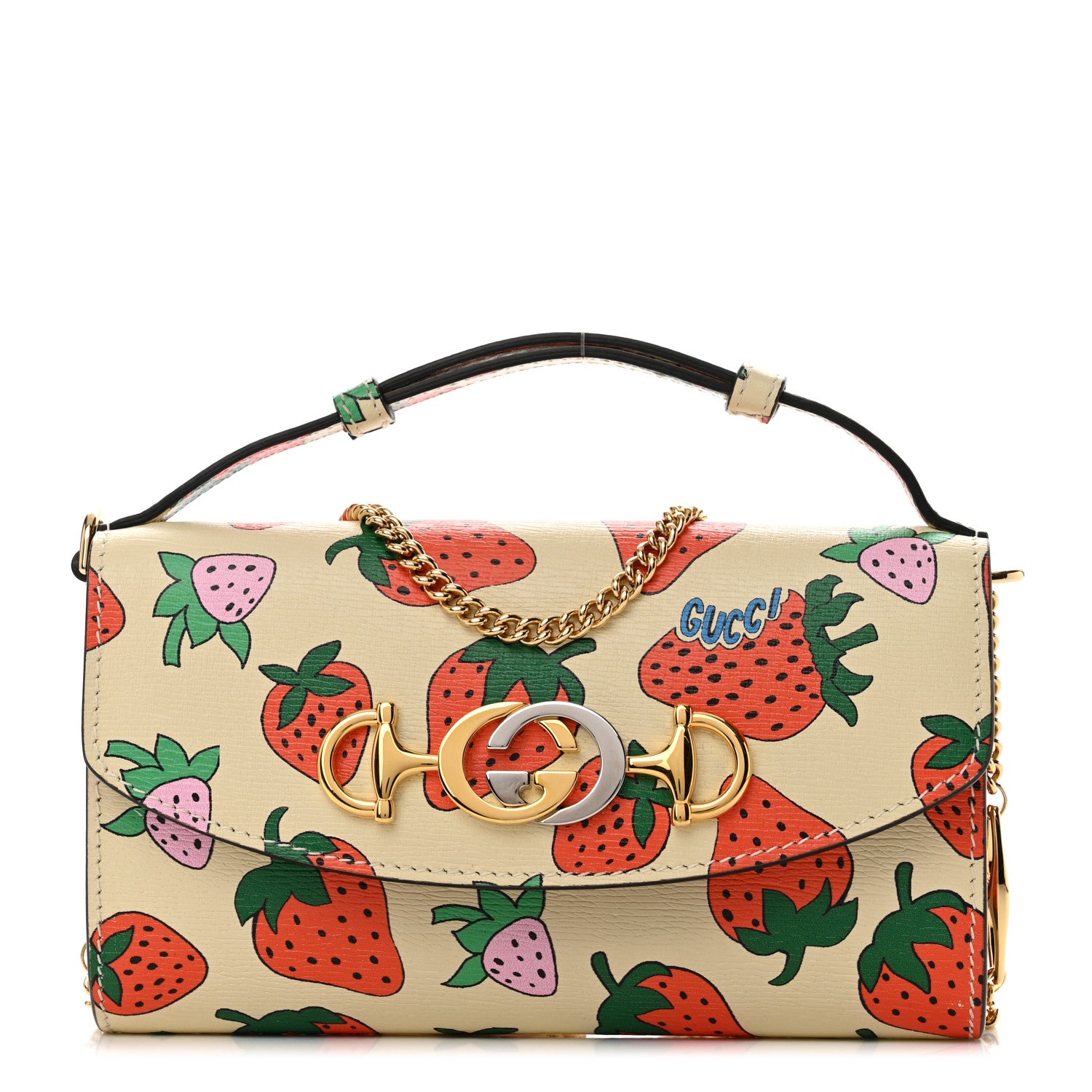 Gucci Calfskin Strawberry Print Mini Zumi Shoulder Bag Ivory Red 1 of 12