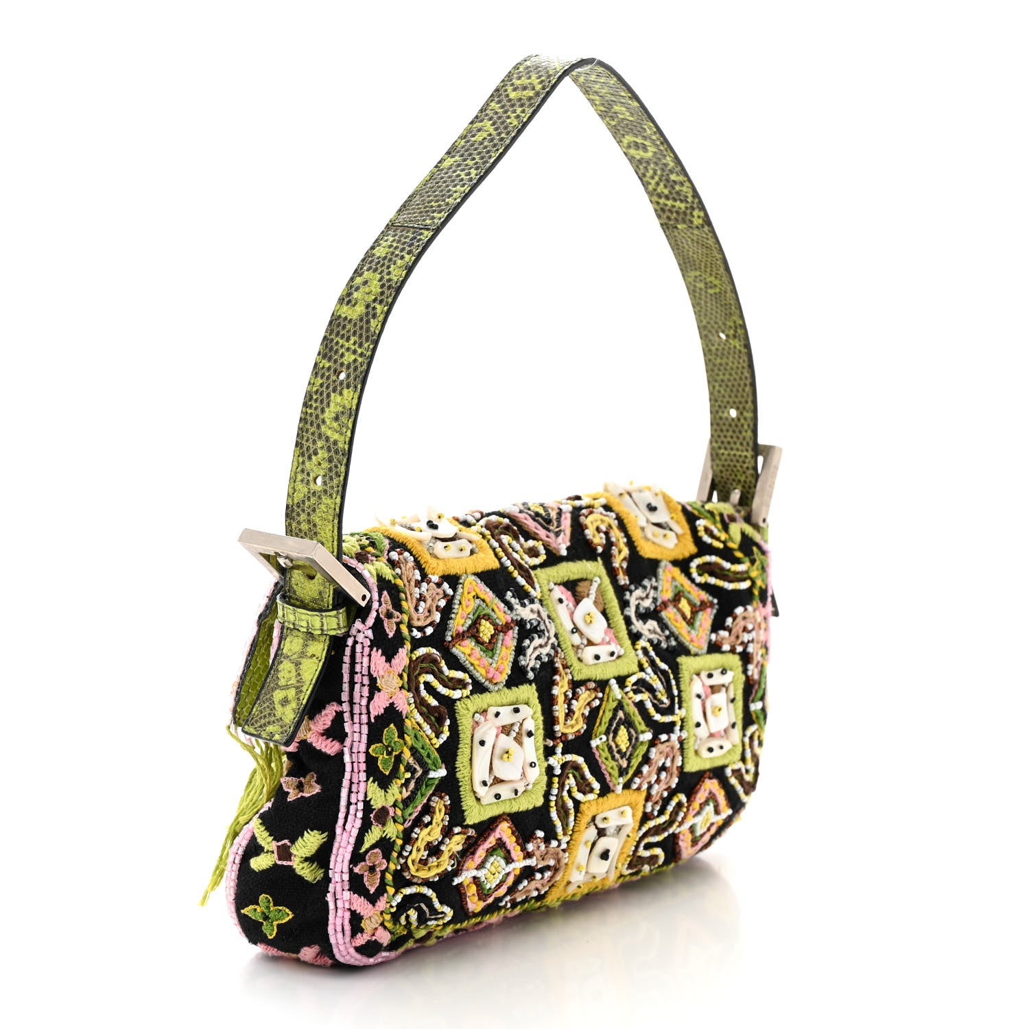 Fendi Canvas Lizard Beaded Baguette Black Multicolor 3 of 12