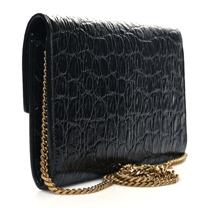 Saint Laurent Calfskin Crocodile Embossed Monogram Uptown Chain Wallet Black 4 of 11