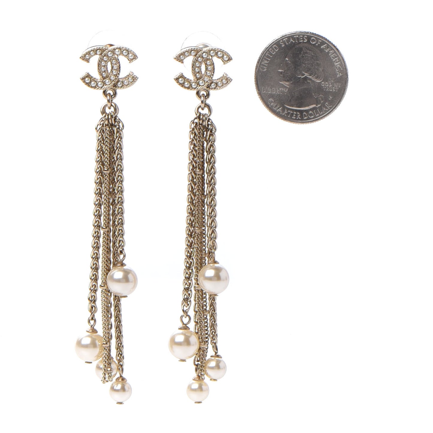 Glass Pearl CC Long Drop Earrings Gold
