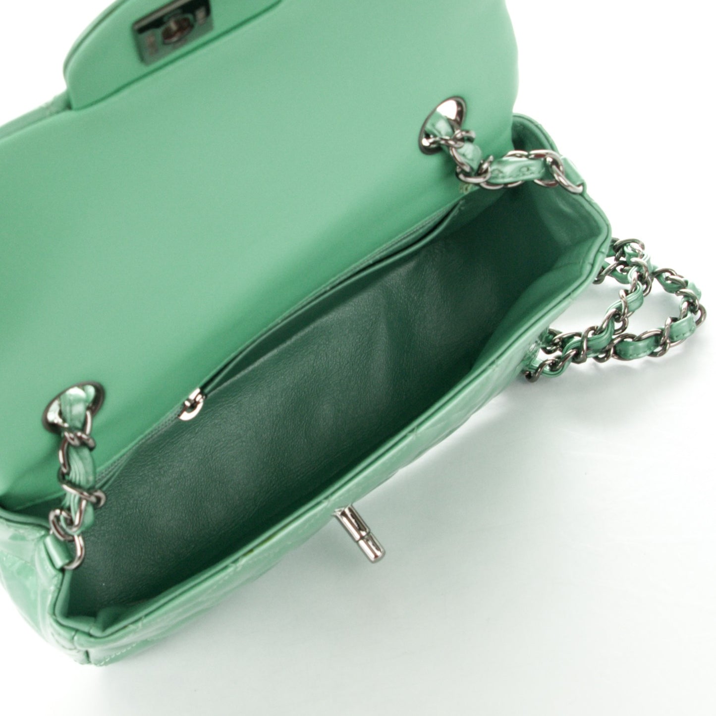Patent Calfskin Quilted Mini Rectangular Flap Green