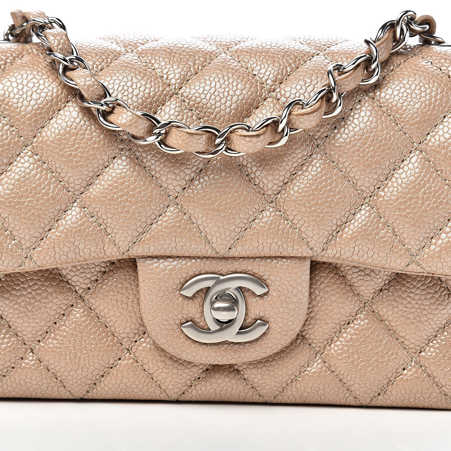 Pearly Caviar Quilted Mini Rectangular Flap Beige