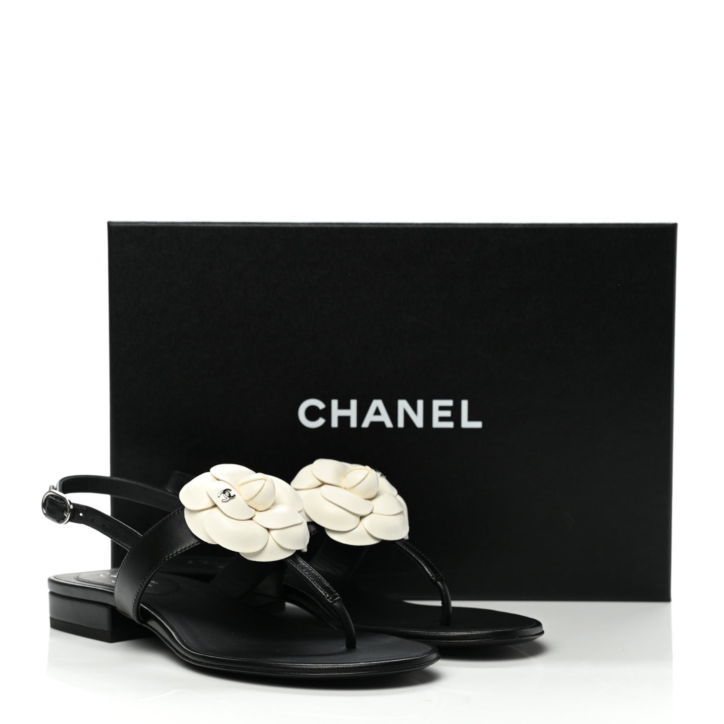 Lambskin Camellia Thong Sandals 36.5 Black White