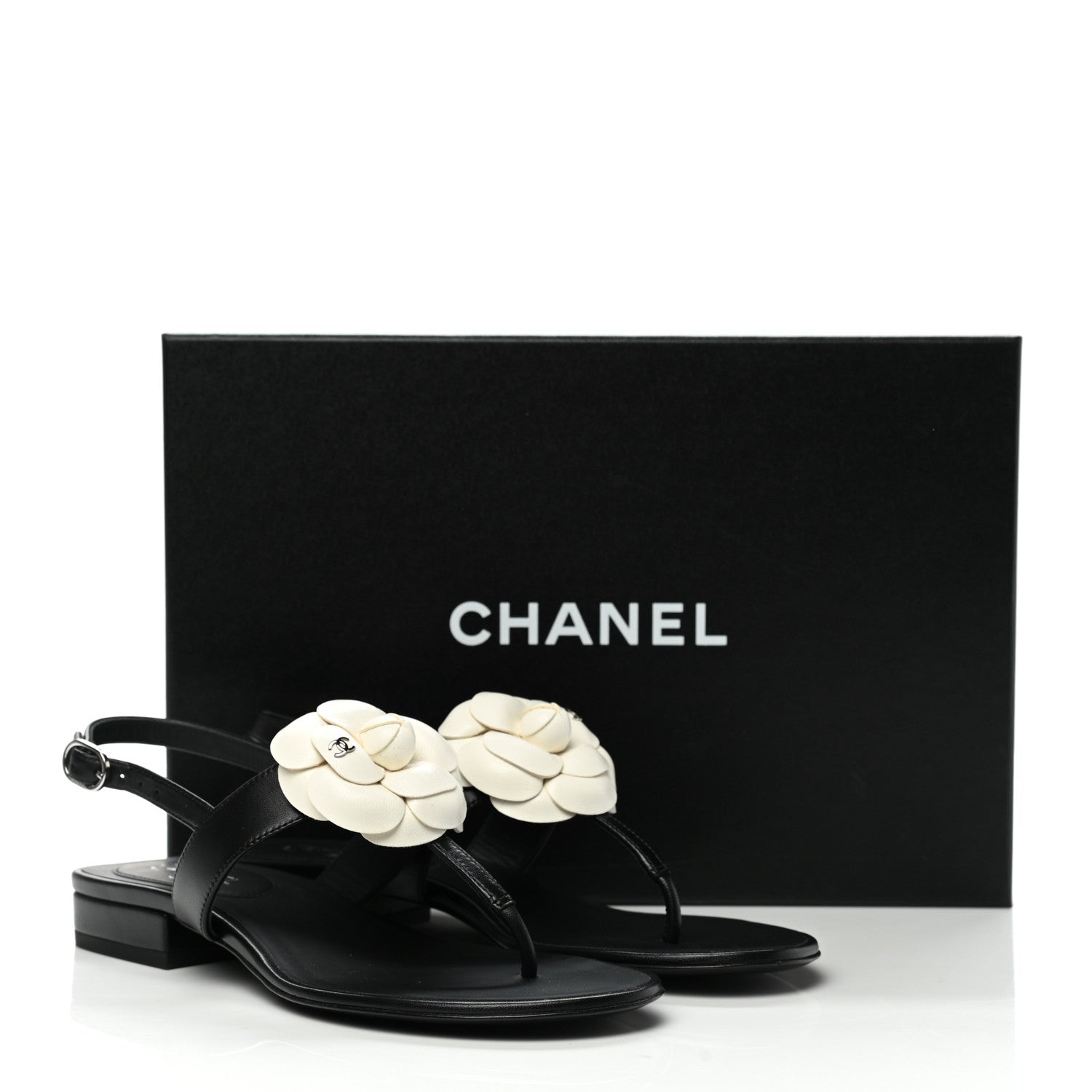 Chanel Lambskin Camellia Thong Sandals 36.5 Black White 9 of 9