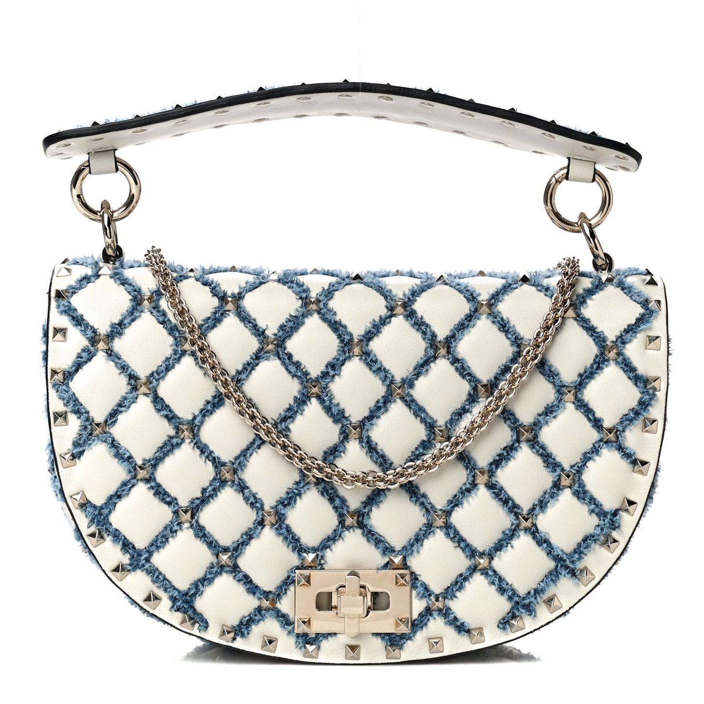Nappa Denim Medium Rockstud Spike Halfmoon Saddle Bag Ivory Blue