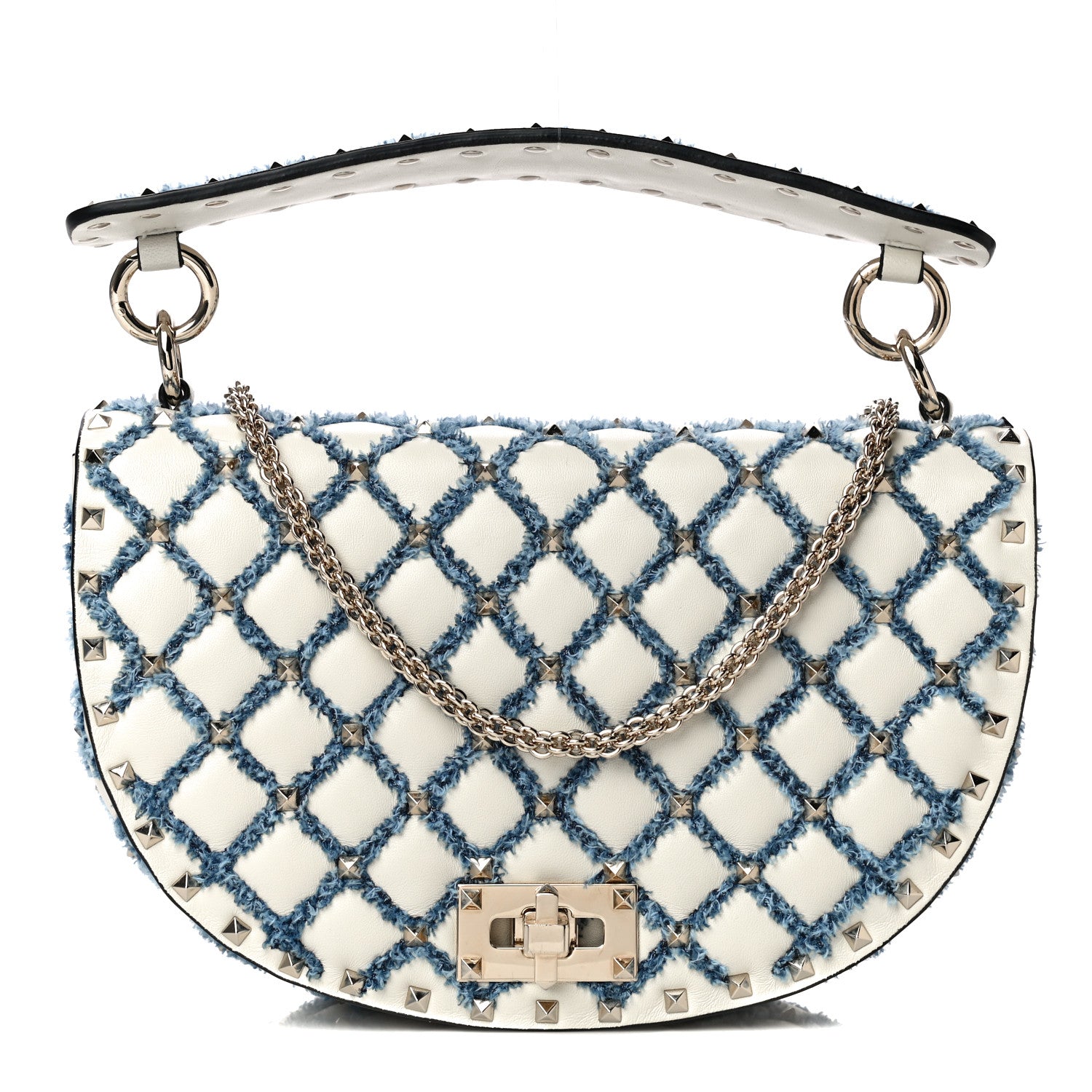 Valentino Garavani Nappa Denim Medium Rockstud Spike Halfmoon Saddle Bag Ivory Blue 1 of 14