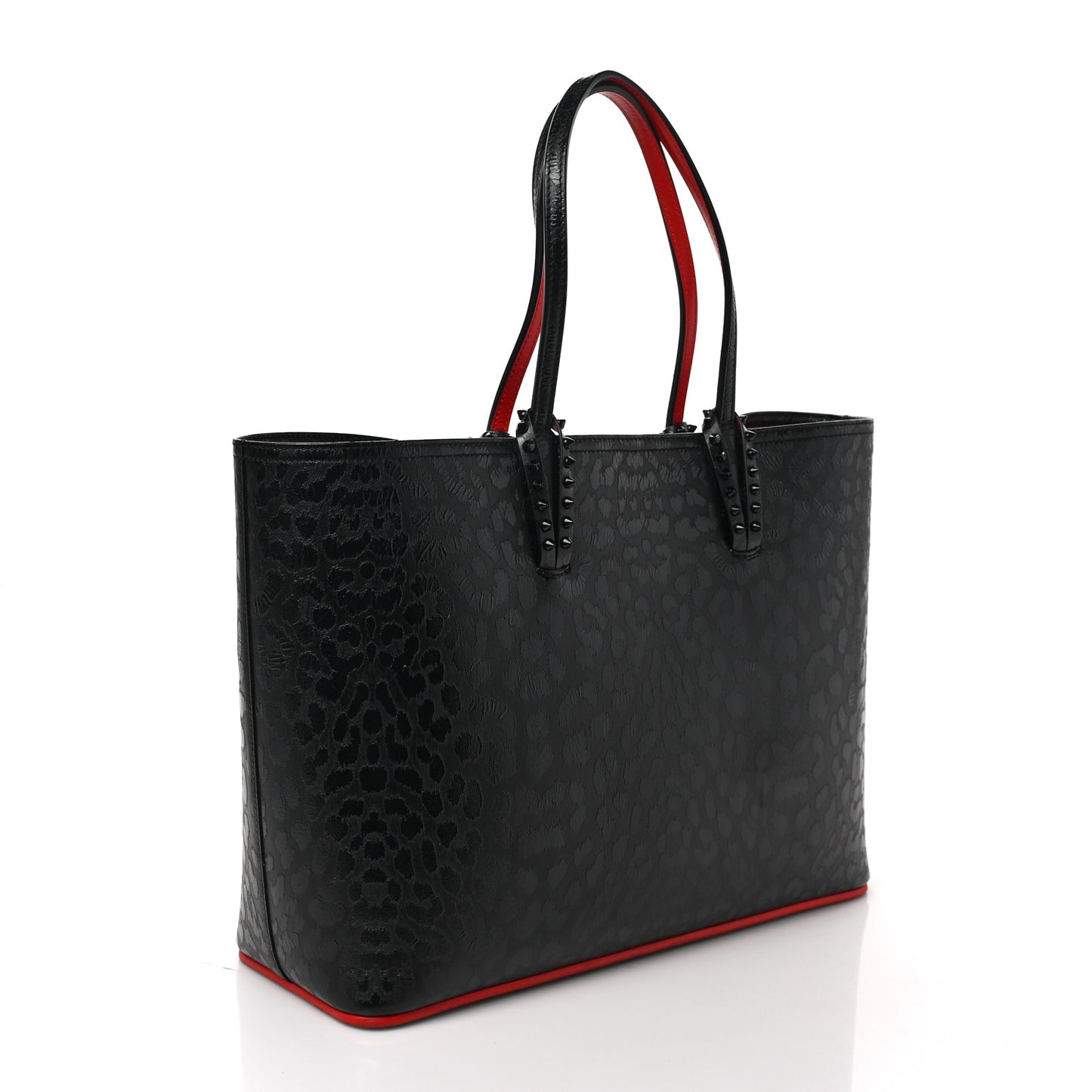 Patent Calfskin Leopard Print Spikes East West Cabata Tote Black