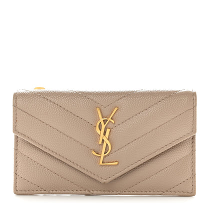 Saint Laurent Grain De Poudre Matelasse Chevron Monogram Compact Wallet Dark Beige 1 of 8