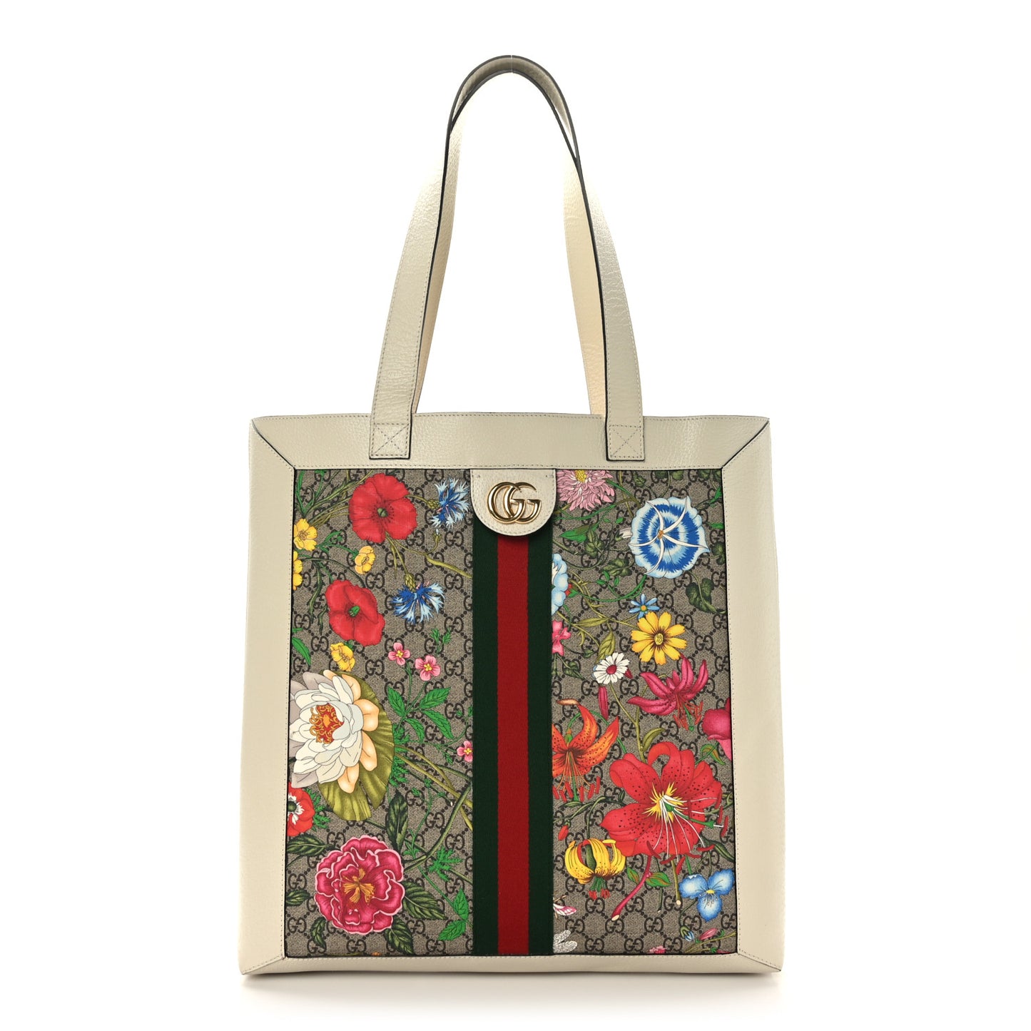 GG Supreme Monogram Flora Web Ophidia Vertical Shopping Tote White