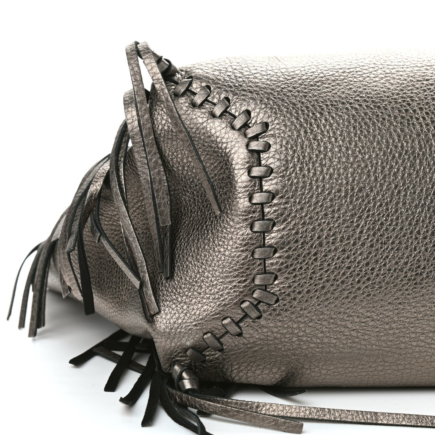 Metallic Grained Calfskin C-Rockee Fringe Tote Sasso