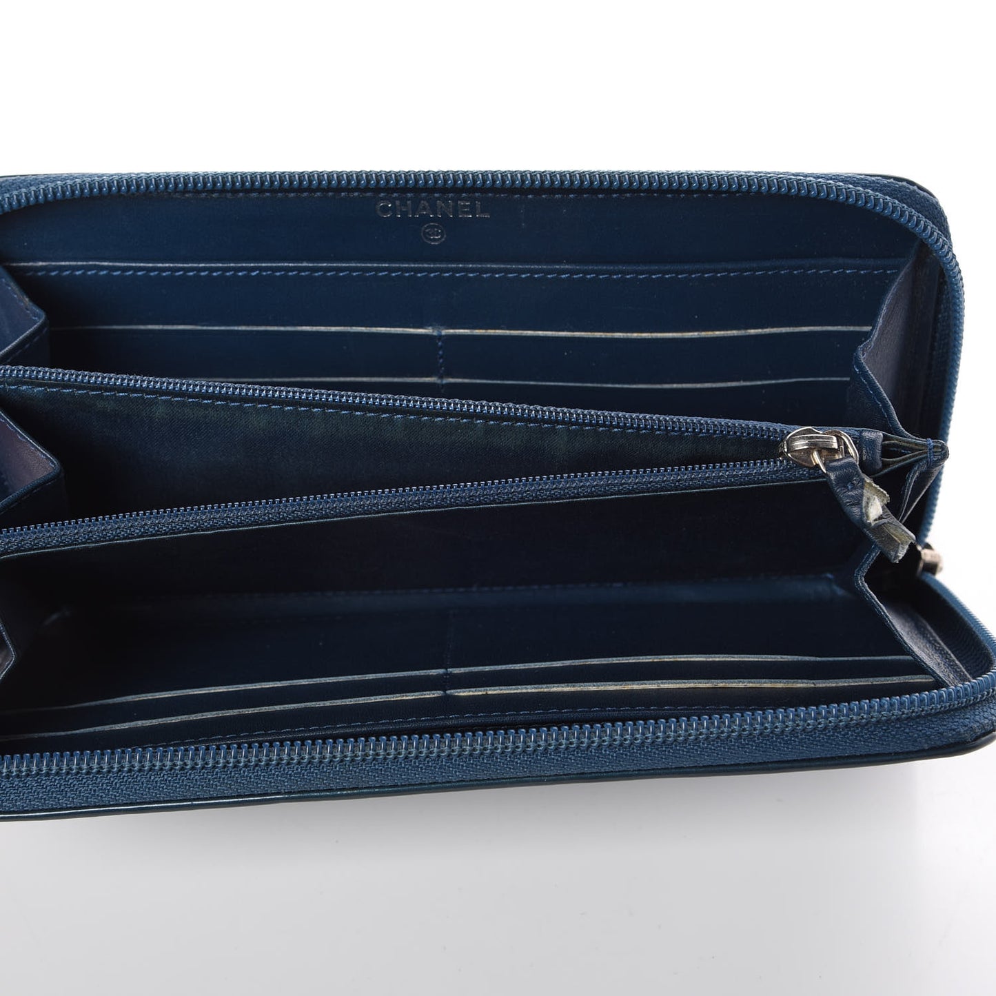 Patent Camellia Embossed Large Gusset Zip Around Wallet Blue