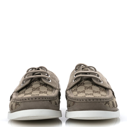 Gucci GG Supreme Monogram Canvas Nubuck Mens Lace Up Boat Shoes 9.5 Oatmeal Beige Ebony 3 of 13