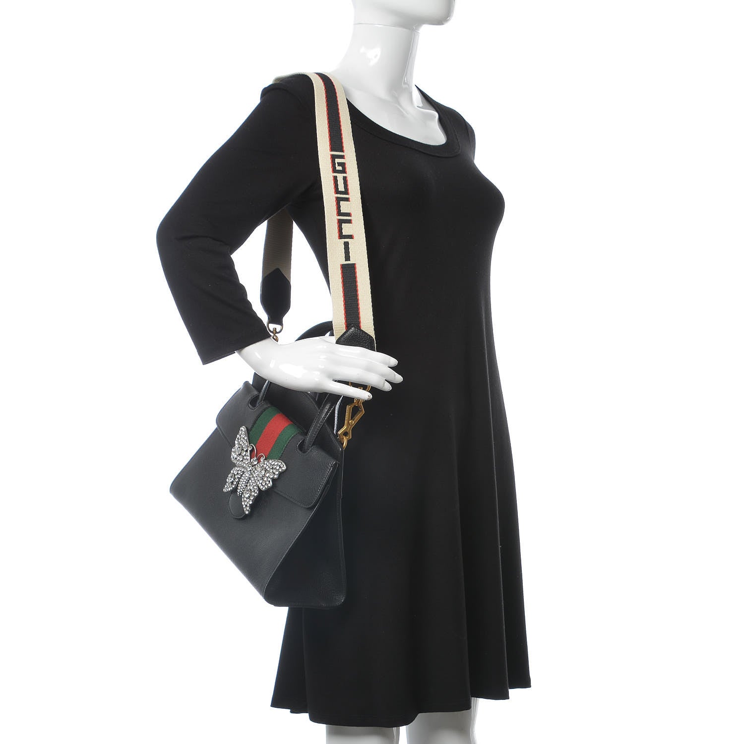 Gucci Grained Calfskin Web Crystal Butterfly Stripe Medium Totem Top Handle Bag Black 3 of 13
