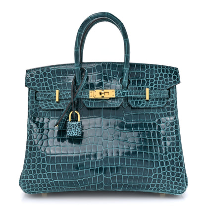 Hermes Shiny Porosus Crocodile Birkin 25 Vert Bosphore 1 of 14