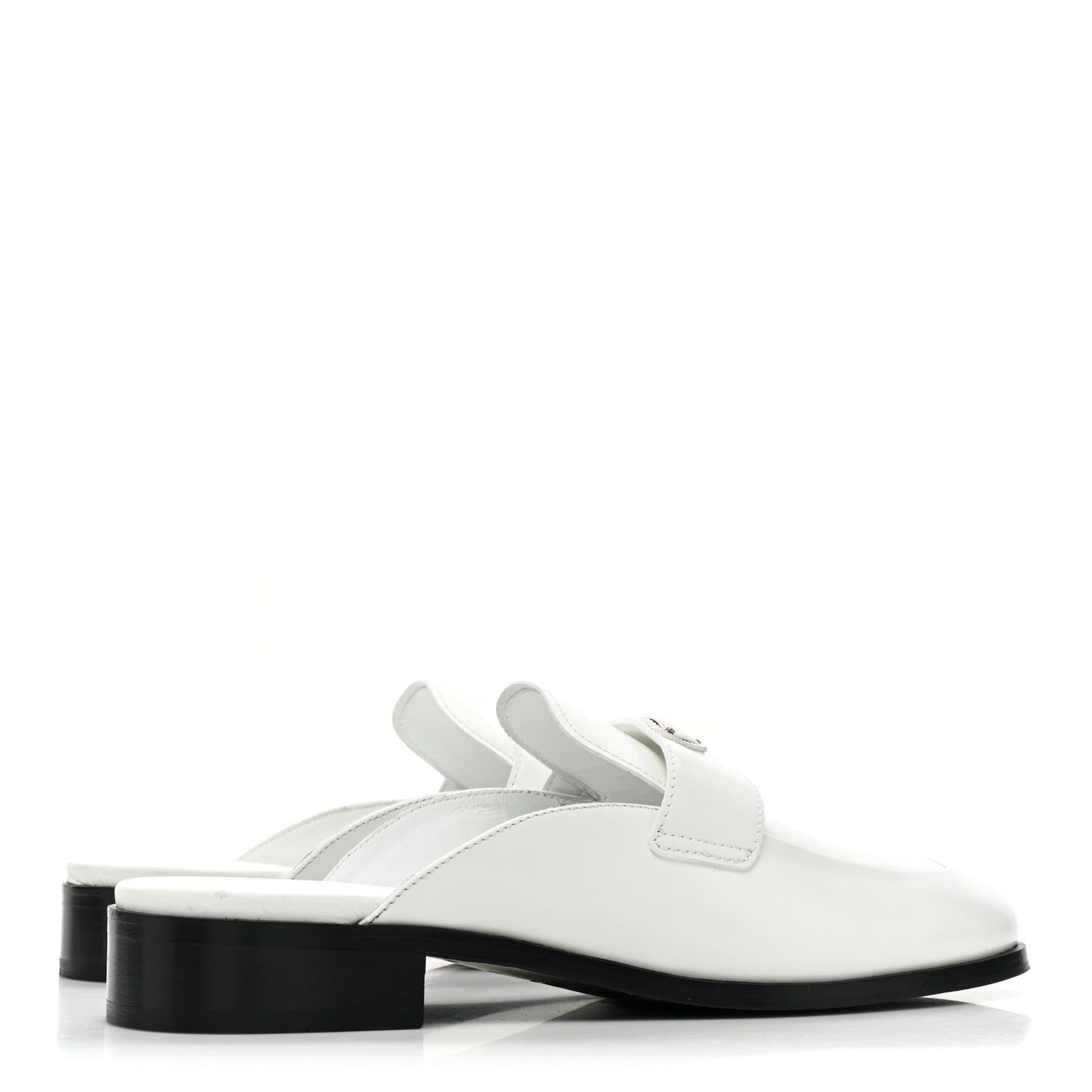 Brushed Calfskin Metal Triangle Logo Mules 40 White