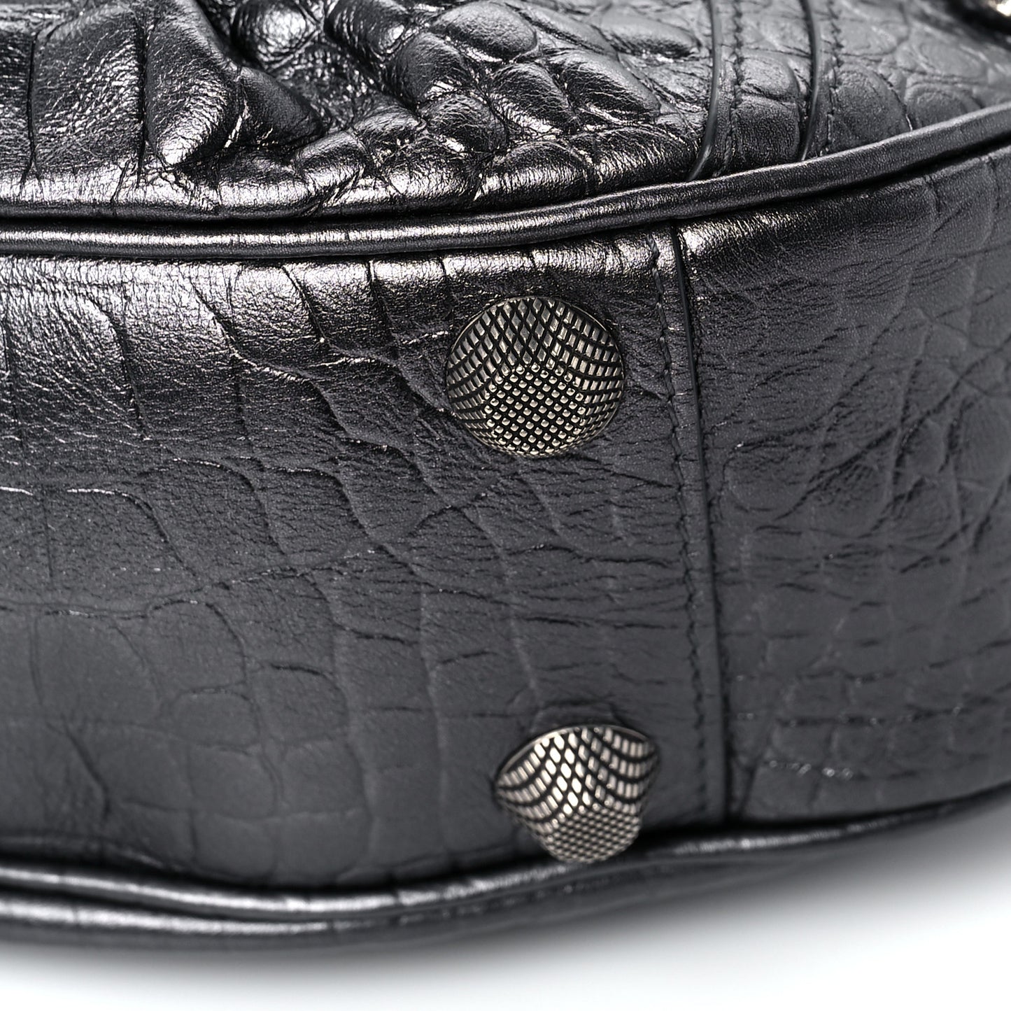 Metallic Calfskin Crocodile Embossed Crystal Small Le Cagole Shoulder Bag Gunmetal