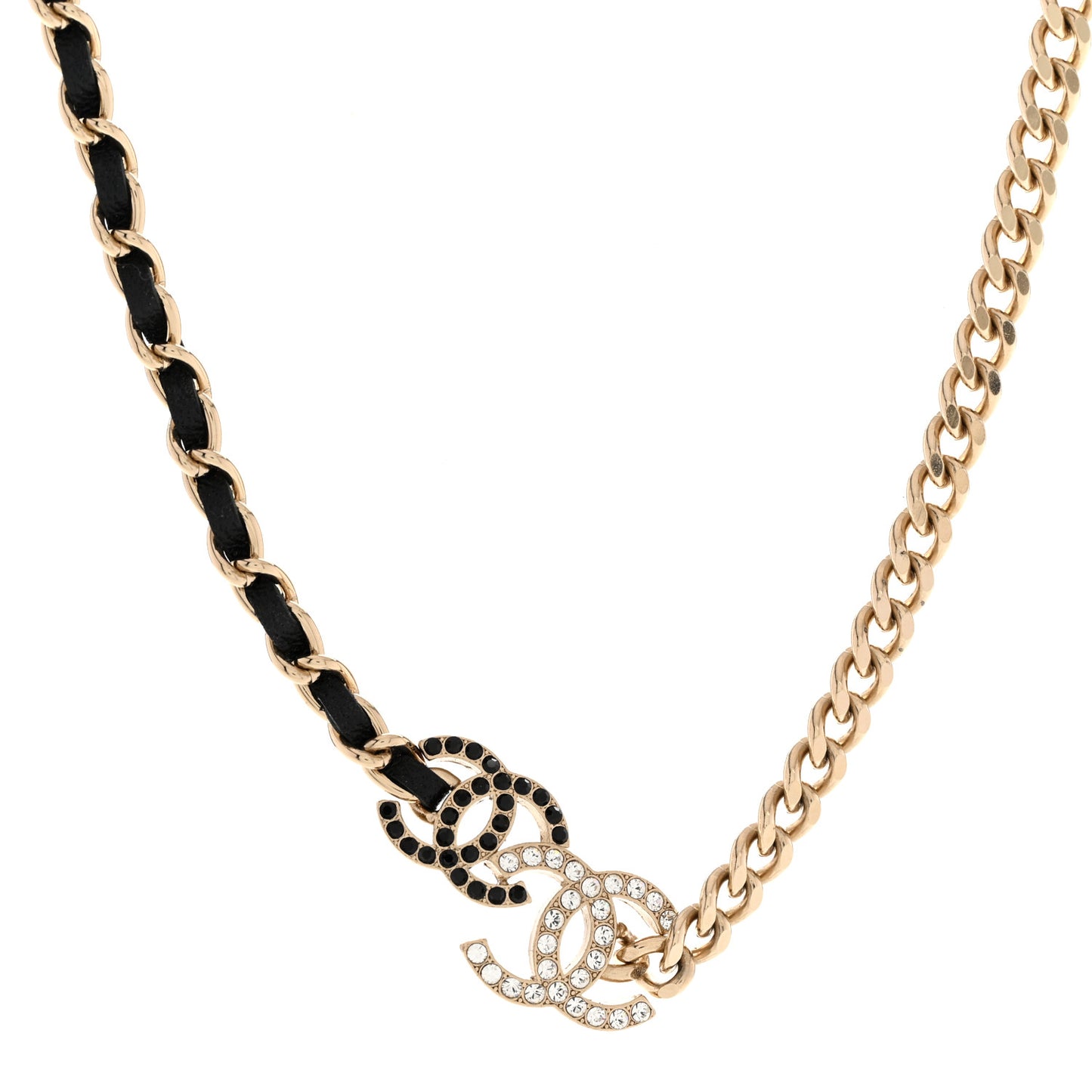 Metal Calfskin Crystal Double CC Short Necklace Black Gold